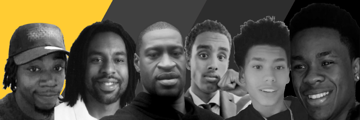 Black and white photos against a somber gold and black background. First row, from left to right: Jamar Clark, Philando Castile, and George Floyd. Second row, from left to right: Dolal Idd, Daunte Wright, and Amir Locke.